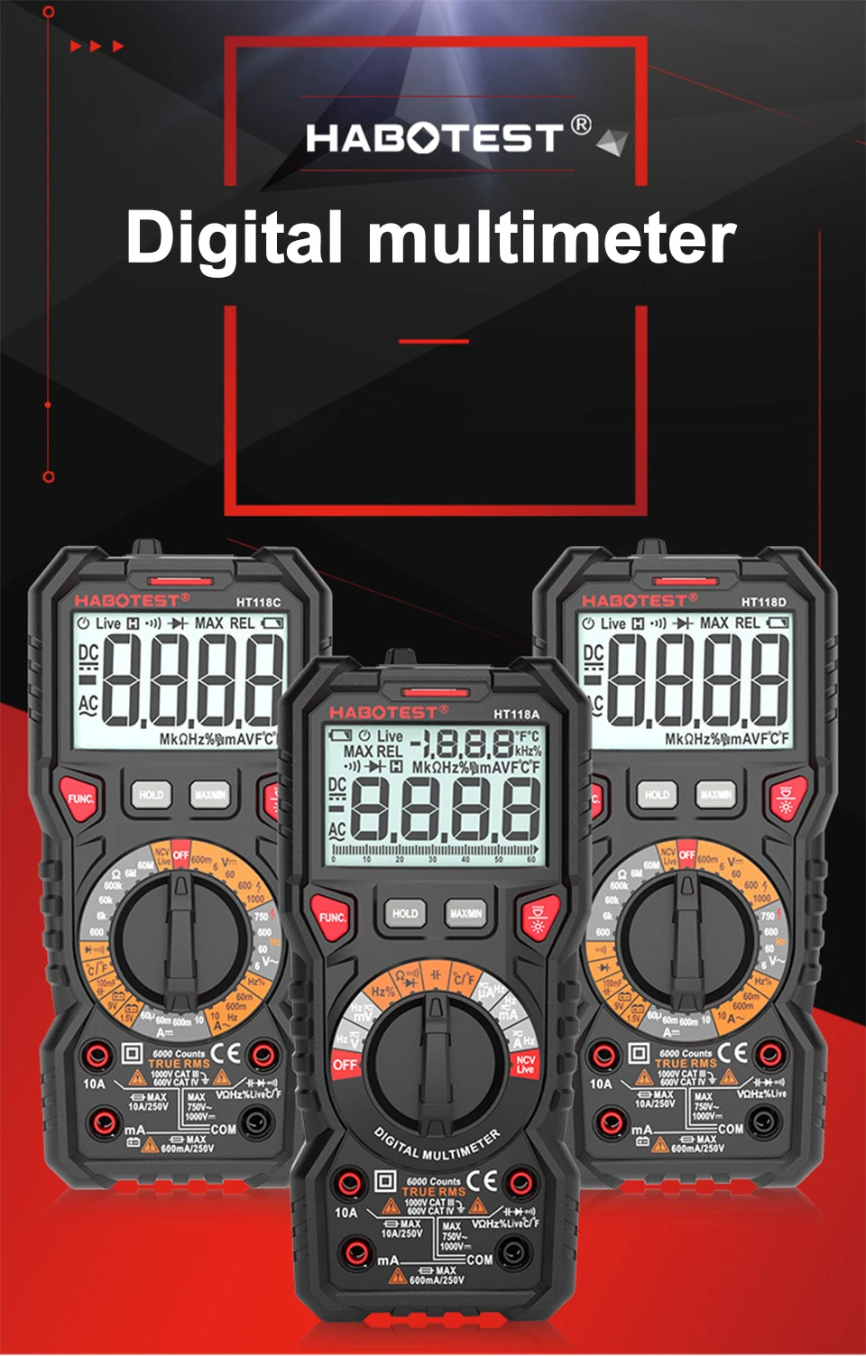 HT118 Digitalmultimeter Ture RMS 1000 V AC/DC 6000 Zählungen Voltmeter Auto/Manueller Bereich NCV Hz Diode Ohm Tester mit Hintergrundbeleuchtung – Detail 2