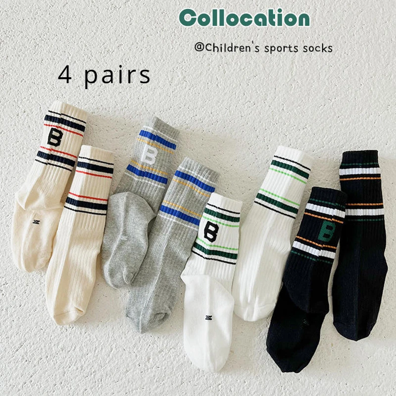 4 Pairs of Children\'s Fashion Letters for Boys and Girls Comfortable Sports Styles Fall and Winter Mid-tube Socks