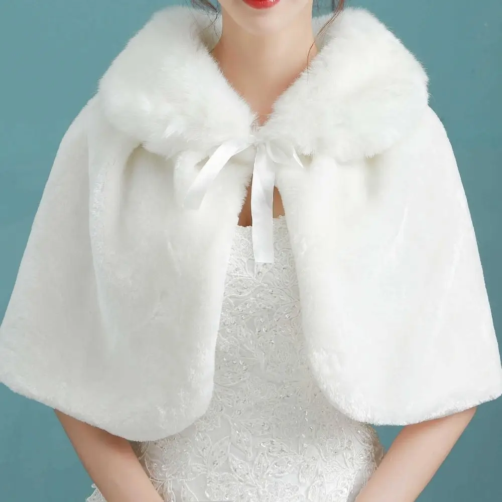 

With Lace Ribbon Wedding Accessories Wedding Jackets Elegant Soft Cape Fur Shawl Plush Wrap Winter Cape Wedding Bridal Shawl