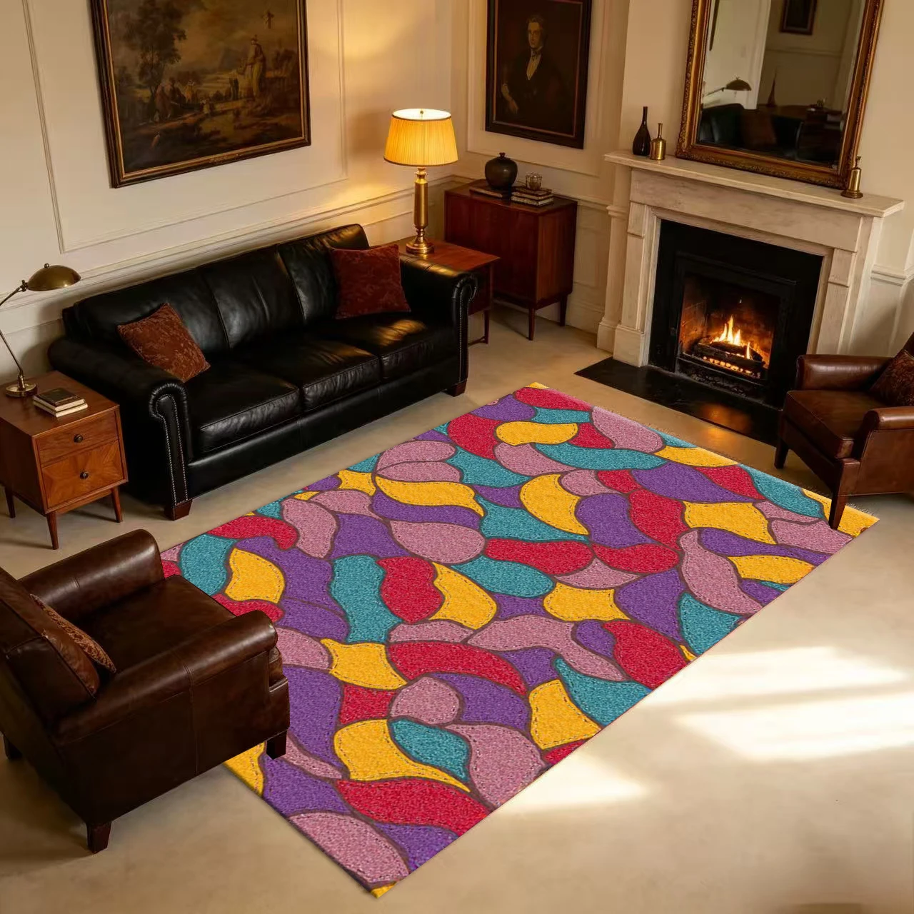 Retro Patchwork Irregular Curved Colorful Seamless Carpet Non-Slip Floor Mat