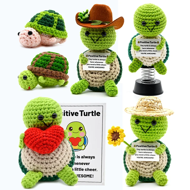 Muñeco de Ganchillo de Tortuga de Energía Positiva de la Serie Animal, Adorno Decorativo Tejido a Mano con Tarjeta de Incentivo, Mini Regalo Decorativo para Escritorio