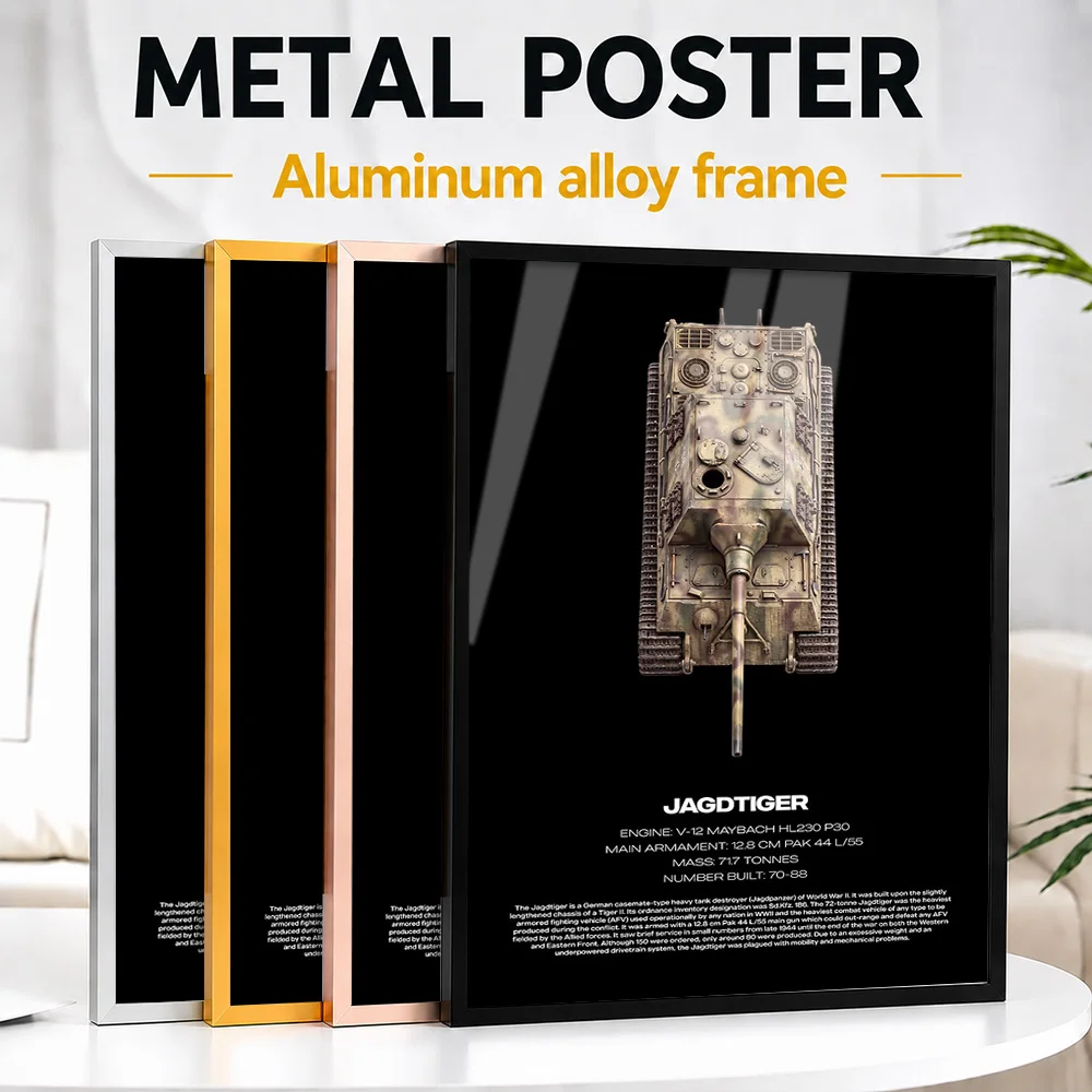 Jagdtiger Tank Destroyer Technical Framed Metal Poster Personalized Photo Monochrome Diagram Style Wall Art For Collector Room