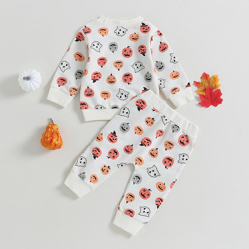 

Infant 2-Piece Halloween Costume Set with Long Sleeve Pumpkin and Ghost Print Sweatshirt Pants - Adorable Baby Outfit