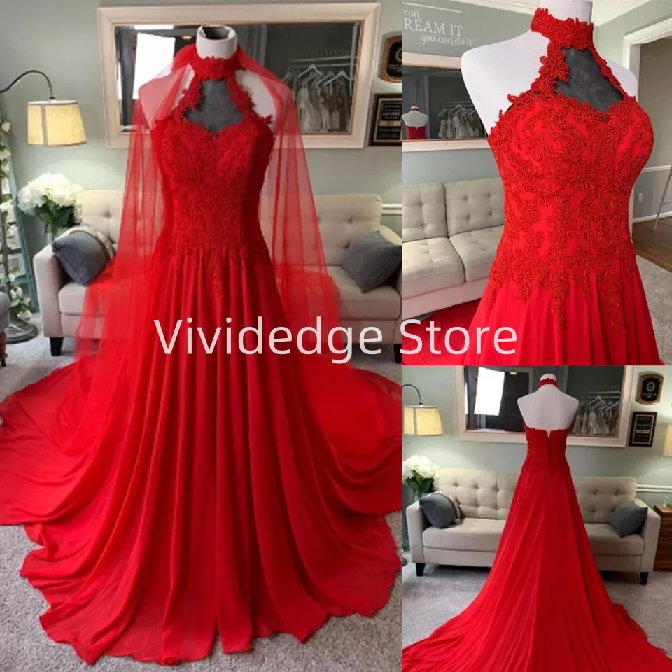 ที่กําหนดเองชุดแต่งงานสีแดง Applique Halter คอรัดตัวชีฟองชุดเจ้าสาว Cape vestidos de novia de talla grande