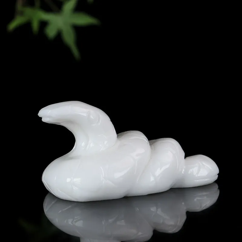Natural white jade zodiac snake ornament for home, living room, entrance, office, and display shelf decoration