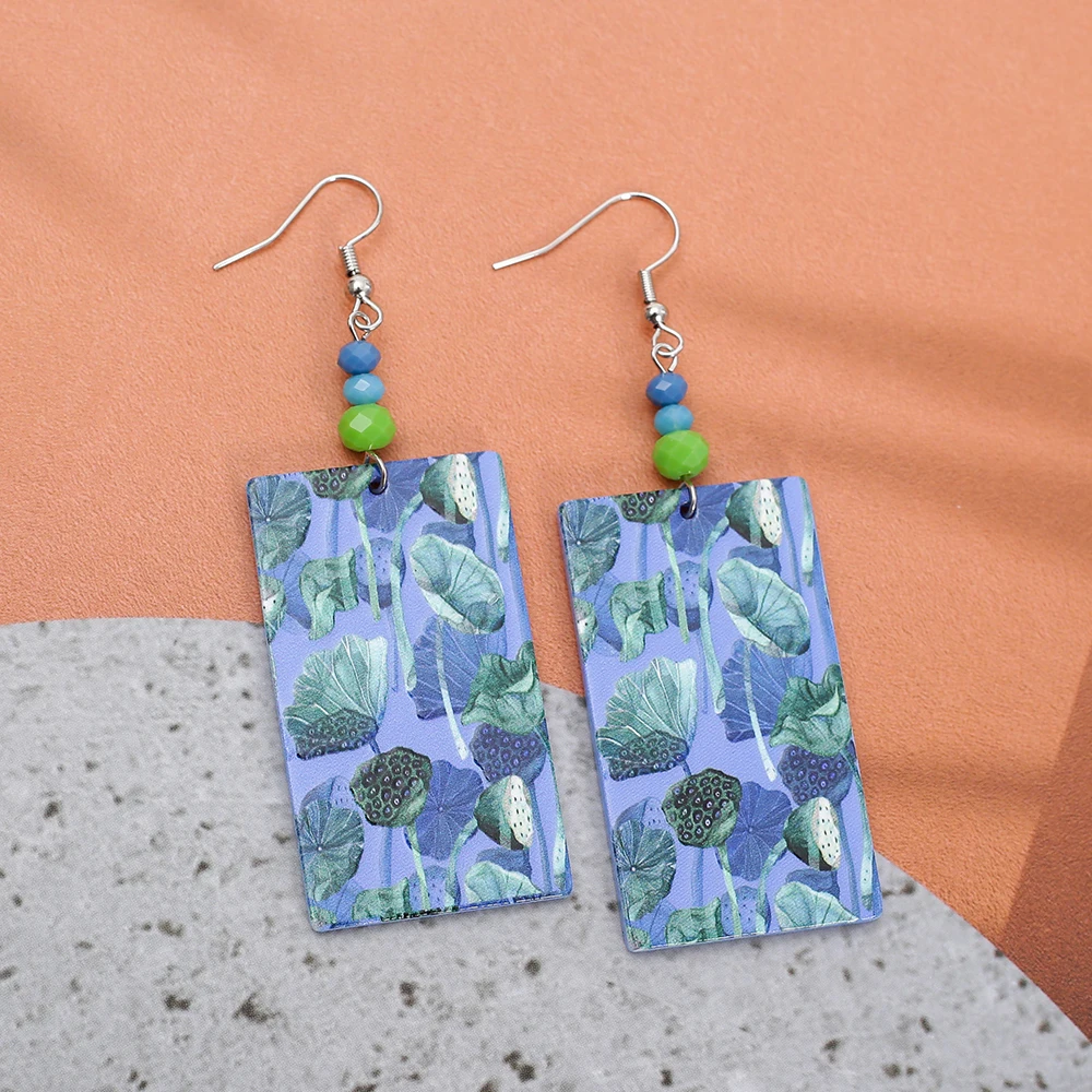 Fashion Green Blue Lotus Flower 3D Print Acrylic Women\'s Earrings Vintage Style Clothing Accessories Elegant Aesthetic Jewelry