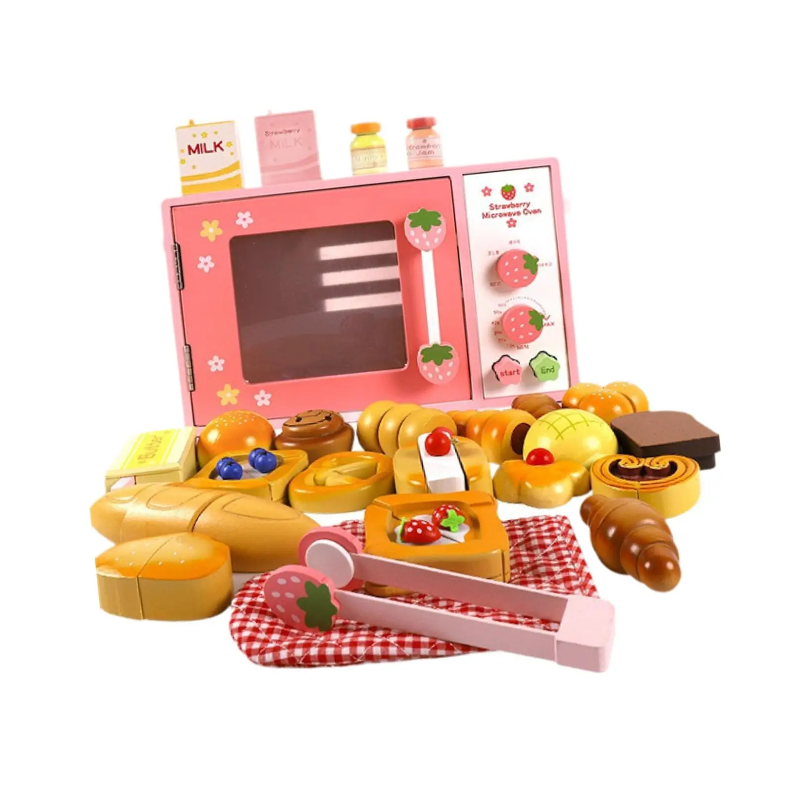 

Wooden Microwave Kitchen Play Set Play Kitchen Accessories with Bread Food Toys for Kids