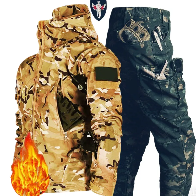 

5XL 6XL Men's Tactical Cargo Tracksuit Set Winter Fleece Softshell Jacket Pants Warm Hiking Camping Climbing Coat