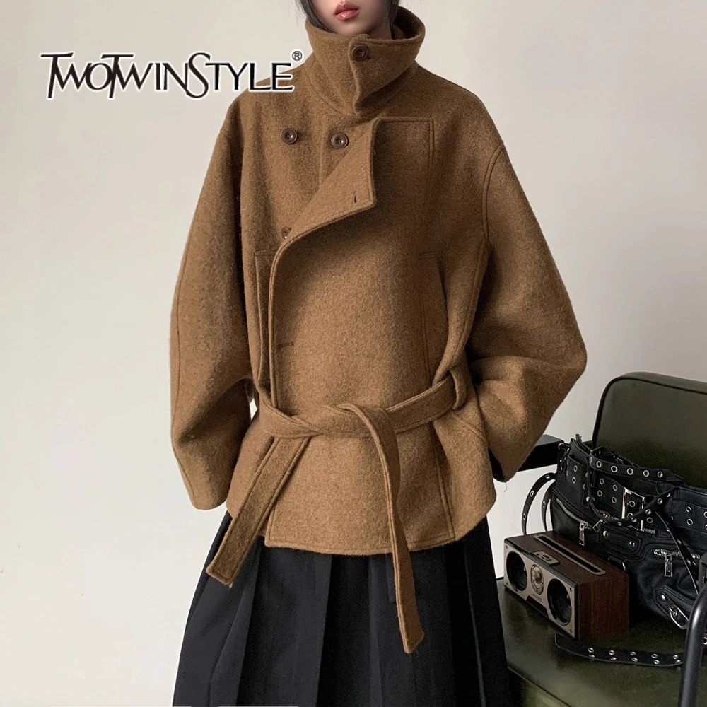 

TWOTWINSTYLE Solid Loose Spliced Lace Up Vintage Coats for Women Stand Neck Long Sleeves Korean Coat Female Autumn Clothing New