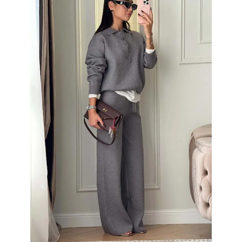 Light Luxury High-end Solid-color Autumn Suit with A Lapel Button Design Pullover Knitted Top Straight-leg Floor-length Trousers