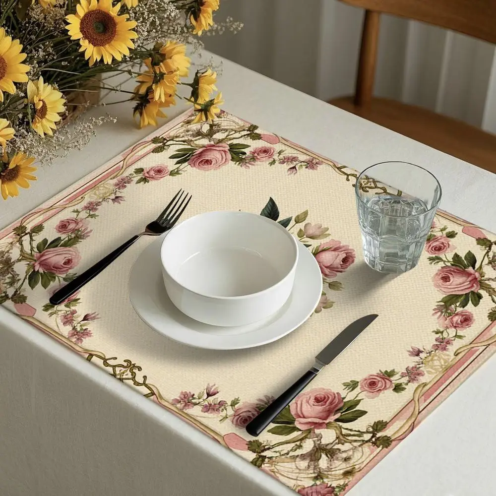 1 PC Home Decoration Placemat, Elegant Pink Rose Linen Printed Table Mat, Table Plate Protection Mat, Suitable for Daily Home