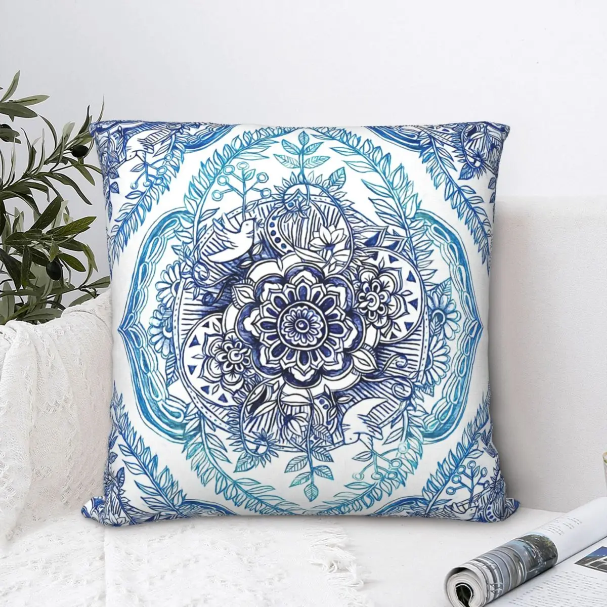 

Indian Ink In Blues Throw Pillow Case Floral Flowers Cushion For Home Sofa Chair Decorative Hug Pillowcase