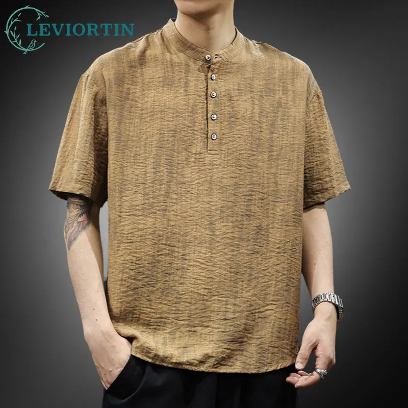 

Мужские мятые льняные рубашки на пуговицах с короткими рукавами, летние свободные пуловеры с воротником-стойкой, дышащие рубашки