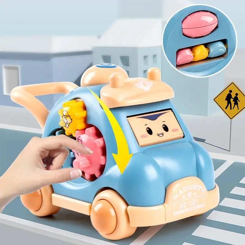 Criança puxar ao longo brinquedo andando carrinho musical iluminar carro brinquedo rastejando para caminhar aprendizagem brinquedos dos desenhos animados carrinho poliédrico carro brinquedo