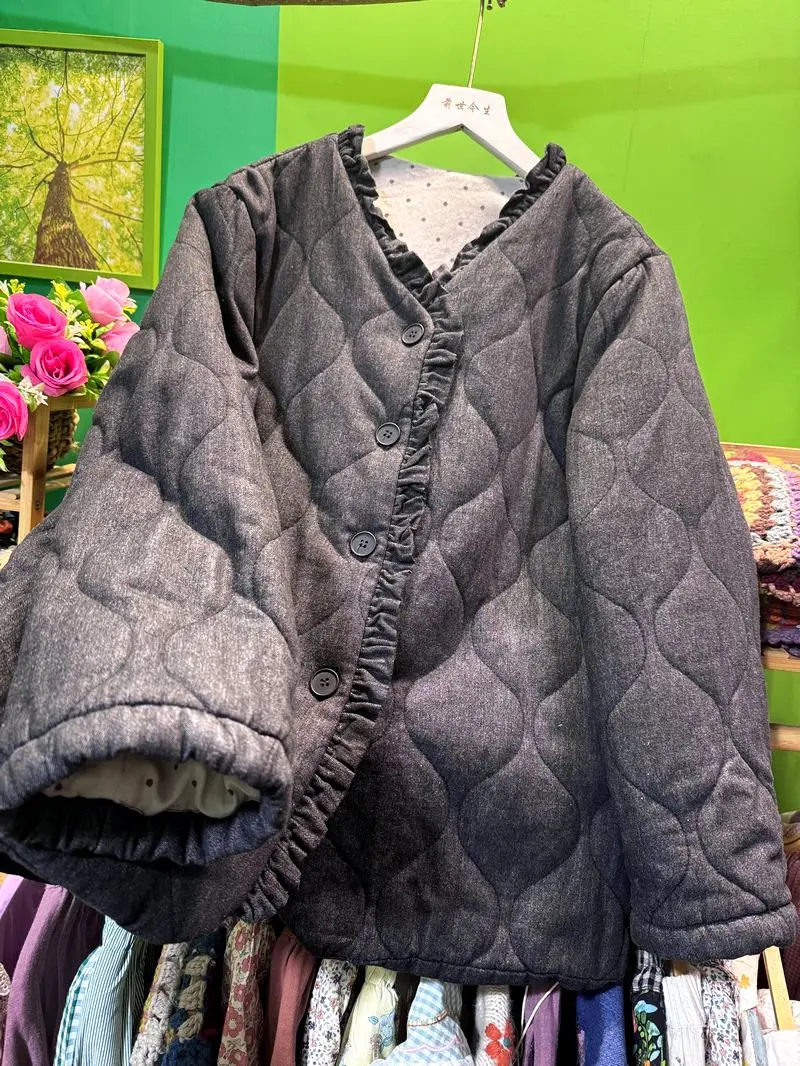 Women Sweet Cotton Ruffled Quilting Casual Coat 2026 Girl Lolita Korean Fashion Winter Harajuku Japanese Kawaii Cute Short Coat