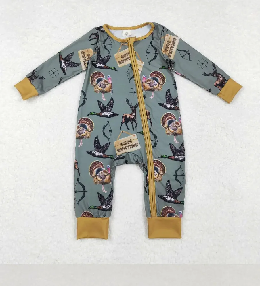 

NEW RTS baby boy hunting climbing clothes boutique brown striped zipper onesie