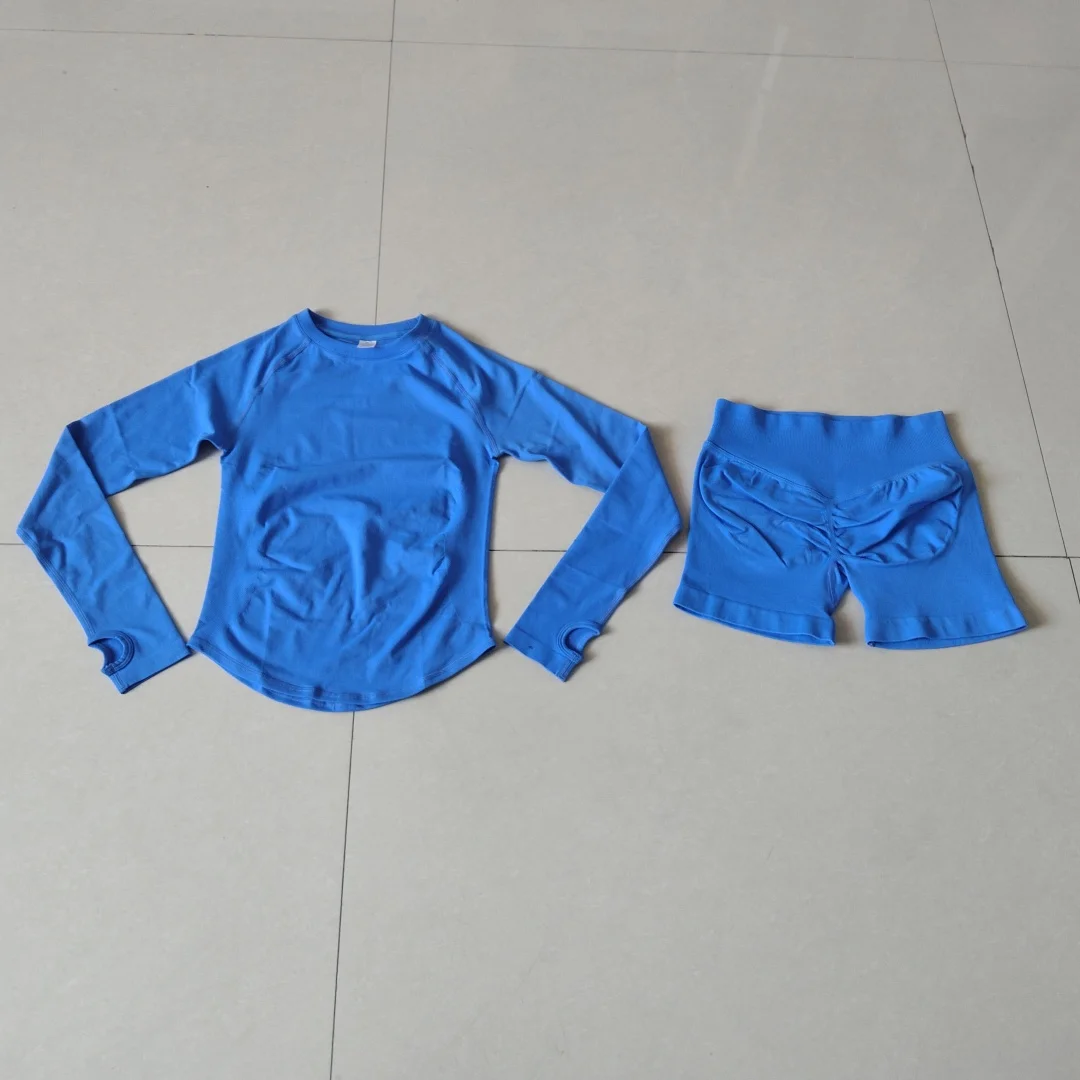 Women's 2 Piece Yoga Tracksuit Long Sleeve Crop Top High Waist Scrunch Butt Biker Shorts Suitable for Running & All Sports