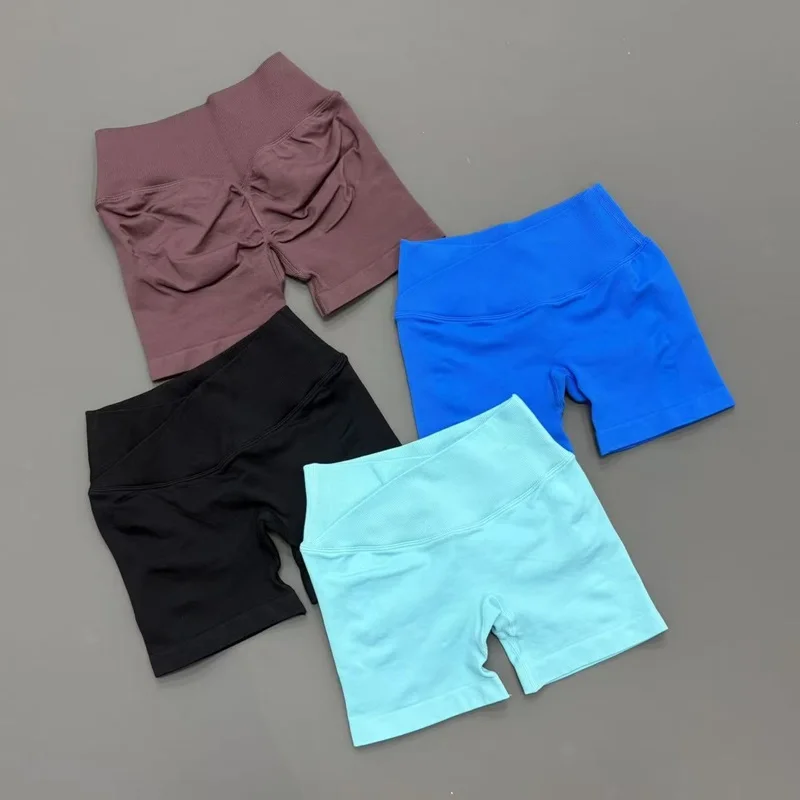 Women Seamless V Cross Waist Yoga Shorts High Waist Tummy Control Stretchy Quick Dry Gym Fitness Workout Biker Shorts