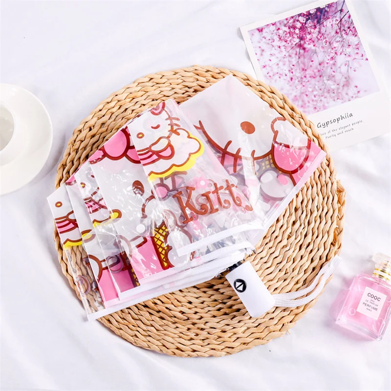 كارتون أنيمي كيتي القط مظلة شفافة لطيف المحمولة قابلة للطي التلقائي بالكامل ثلاثية الطي مظلة واضحة الفتيات هدية