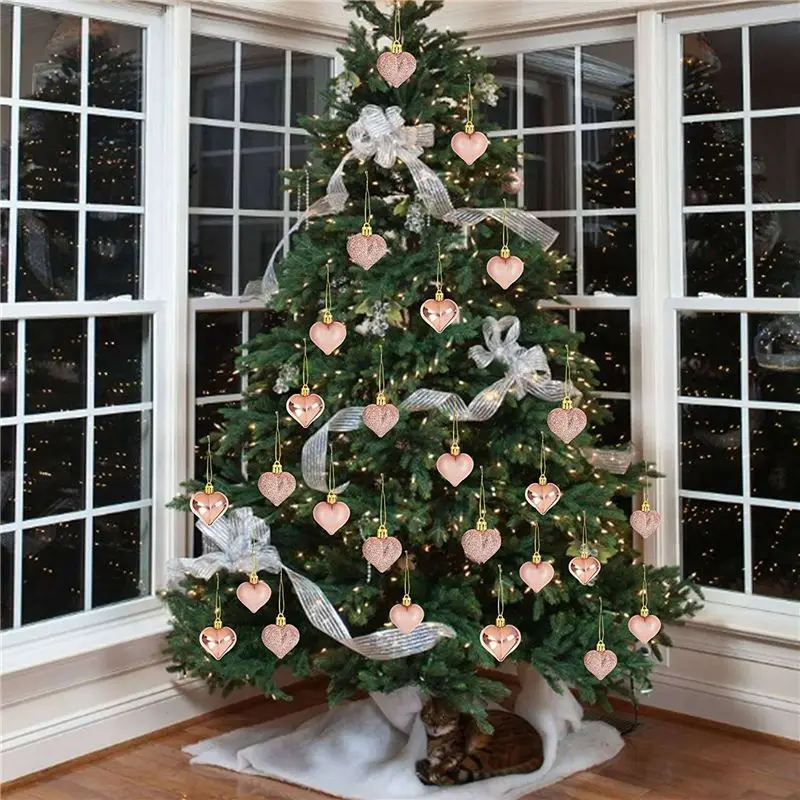 AB11 144Pcs Rose Gold Valentine's Day Heart Shaped Ornaments Baubles Hanging Decorations for Home Tree Party