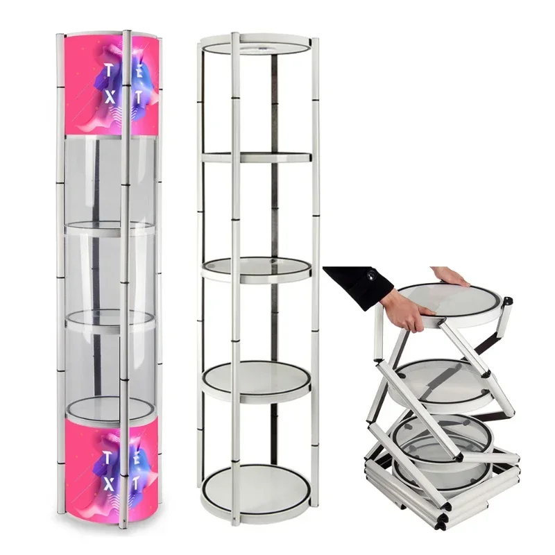 Hot sales Trade Show 4 Layer Round Folding Twist Rack Tower Showcase For Shop Exhibition Display Showcase