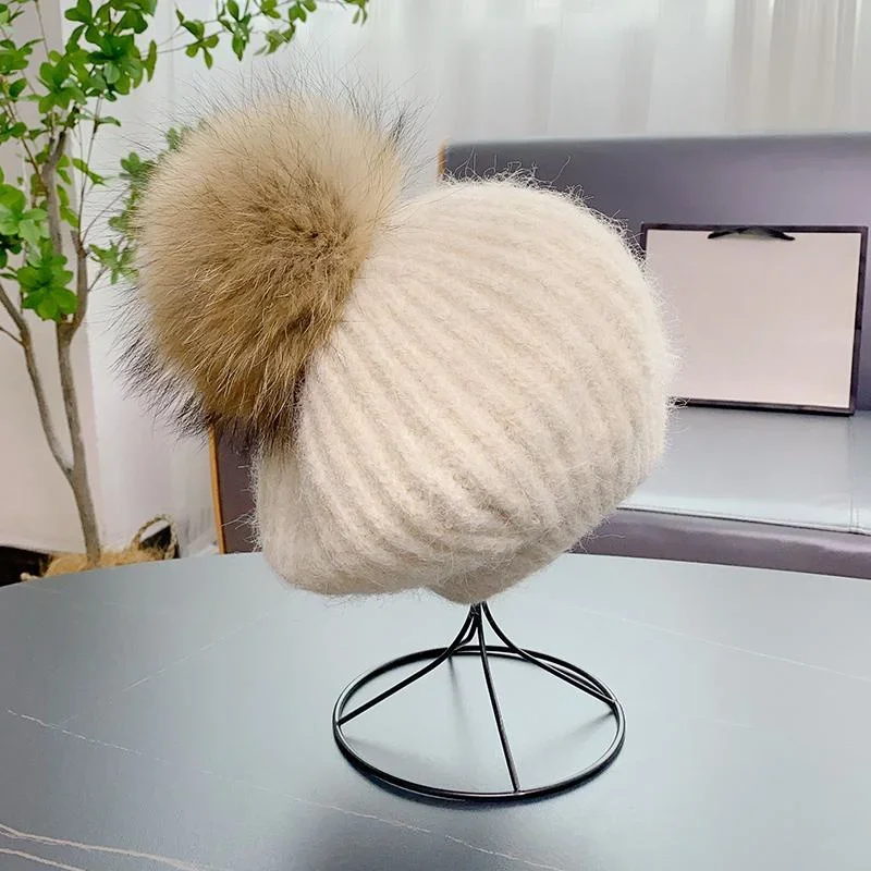 New Natural raccoon fur pompom hat warm fashionable knitted hat for women wool knitted hat women's beanie