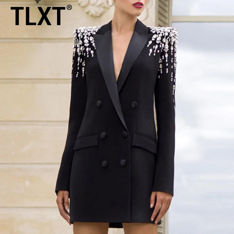 

TLXT Solid Patchwork Diamonds Chic Blazer For Women Notched Collar Long Sleeve Spliced Button Slimming Blazers Female XK898