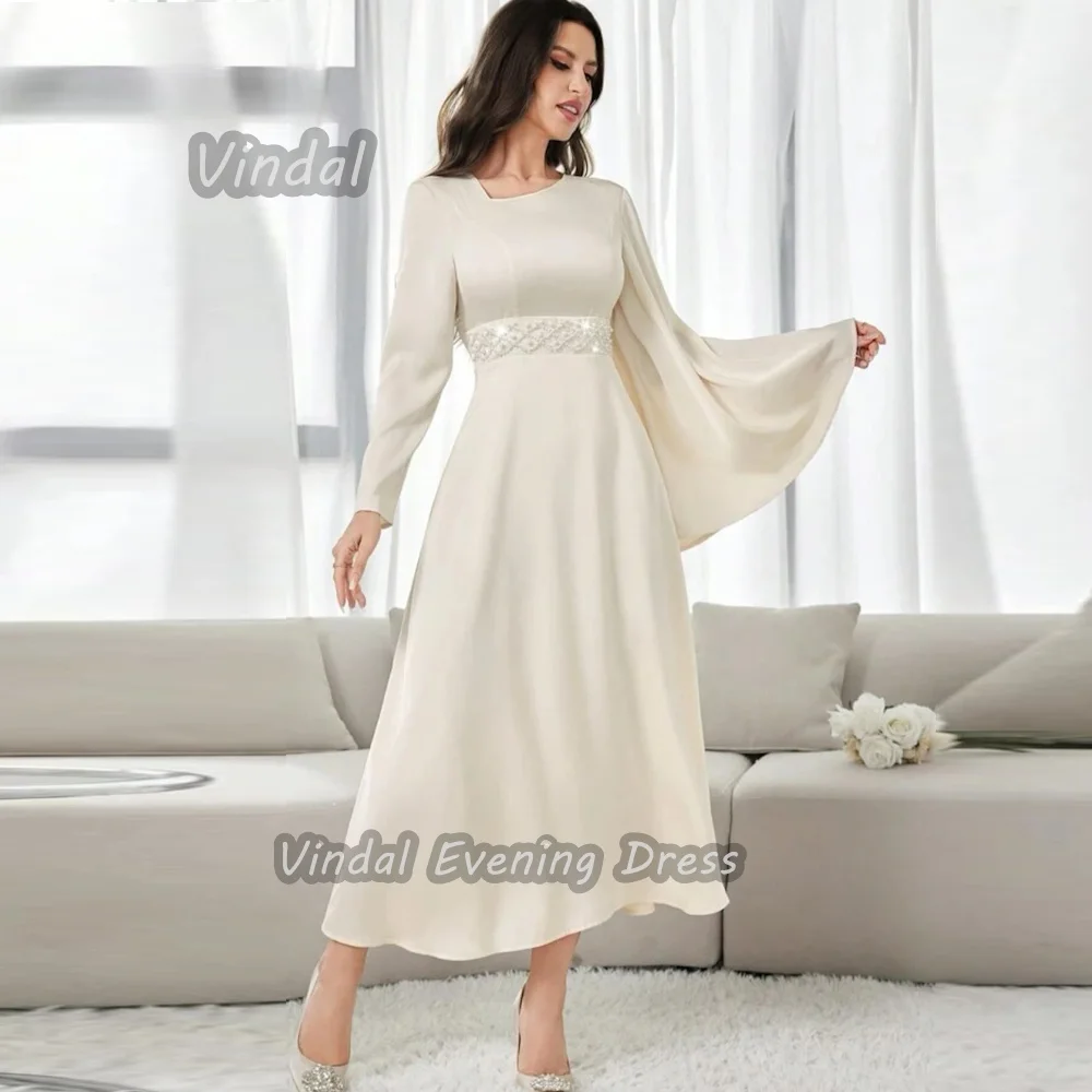 Vindal V-Neck Ankle length Prom Dress Beaded A-Line luxurious Breast padding Satin Elegant Long Sleeves السعود For Woman 2024