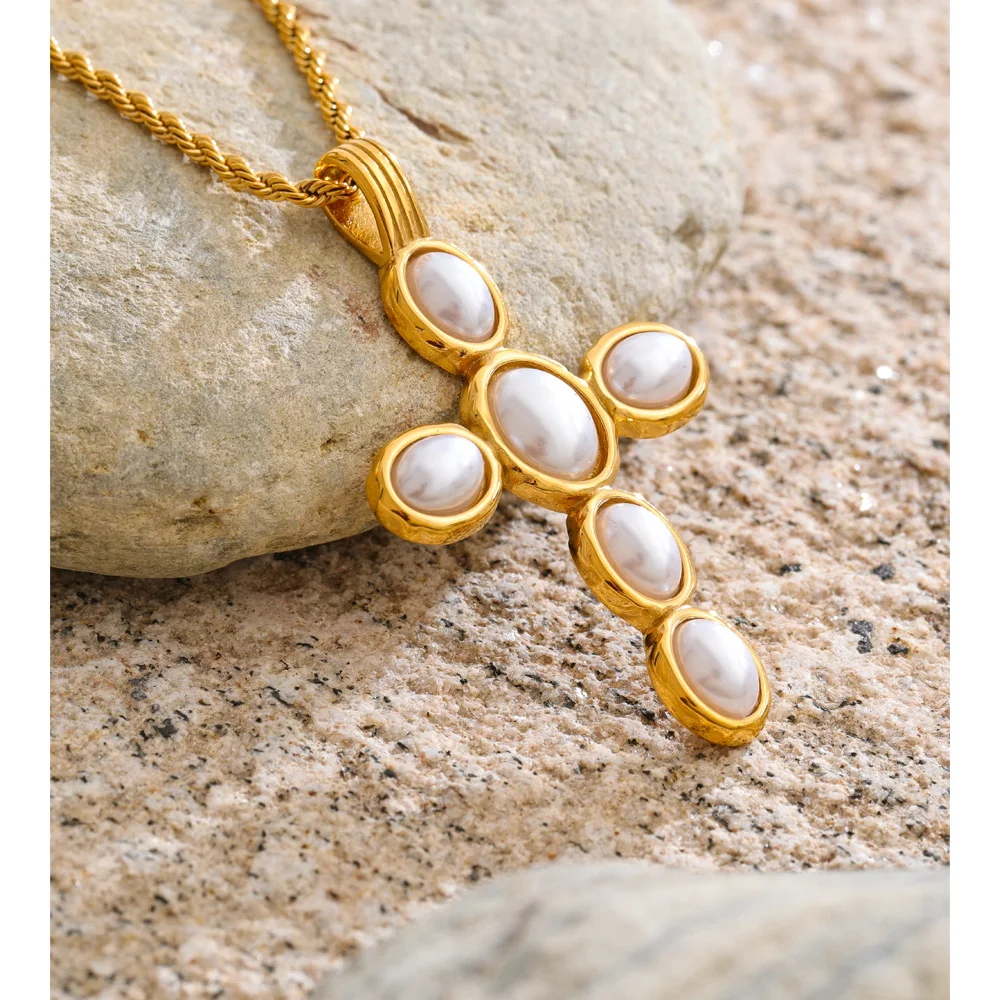 Yhpup Simulated Pearls Classic Cross Pendant Necklace 18K Golden PVD Plated Stainless Steel Popular Fashion 2026 Basic Jewelry