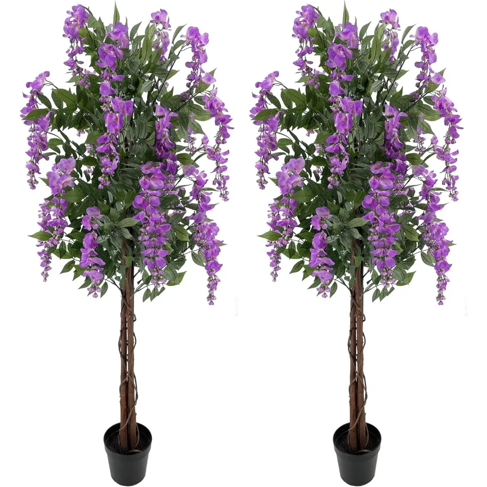 Pair Purple Red Gorgeous & Unique 5 Feet Wisteria Tree Artificial Plants with Nursery Plastic Pots, Real Touch Technology