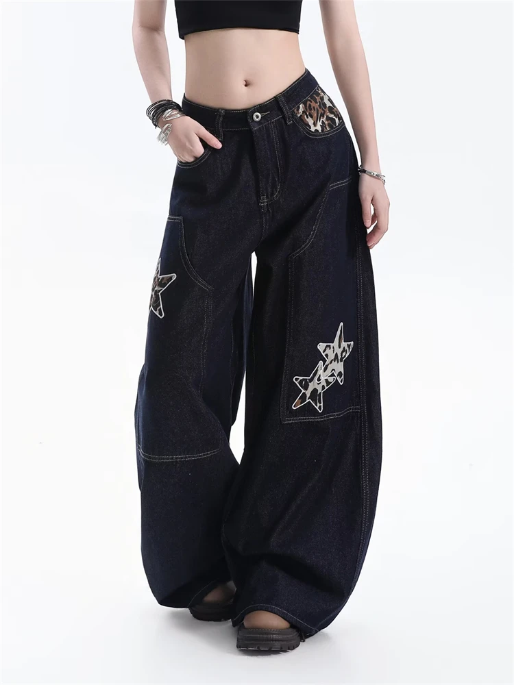 Women's Leopard Star Pattern Street Casual Pants Retro High Waist Y2k Trousers Punk Girls Bottoms Female Wide Leg Sweatpants