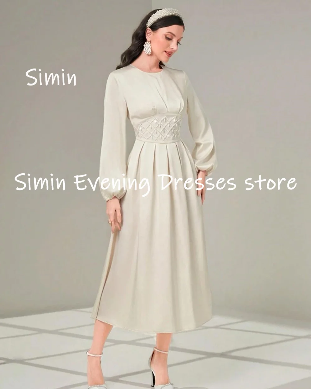 Simin-vestido de satén con escote redondo y volantes para mujer, traje Formal hasta el tobillo, elegante, para fiesta de noche, 2023