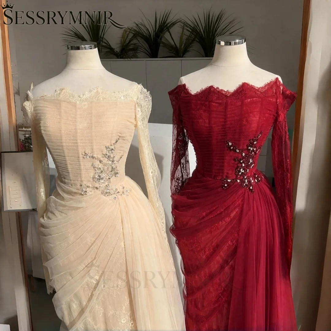 SESSRYMNIR Women'S Formal Evening Gowns Customize A-Line Red Evening Dresses Off-The-Shoulder Floor-Length Cap Sleeves Lace Eleg