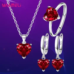 925 Silver Cute Heart Cubic Zircon Necklace Earrings Ring Jewelry Set For Women Anniversary Gift Trendy Jewelry