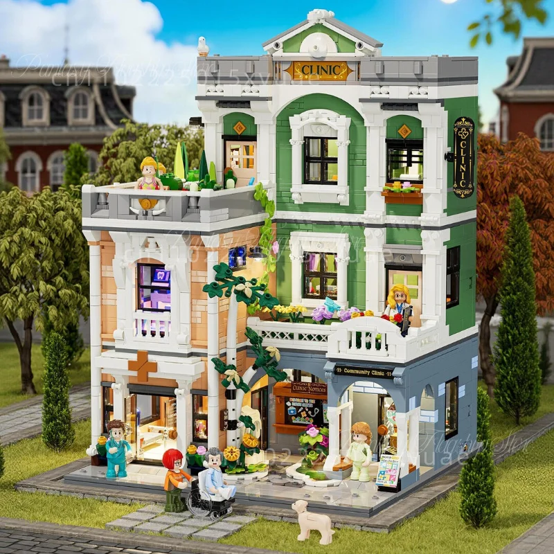 

New Tree-lined Clinic Street View Building Blocks Small Town Series City Building Assembly Models All-Printed Items Holiday Gift