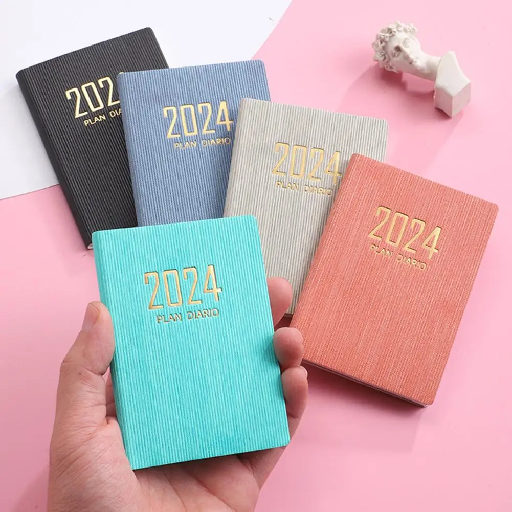 A7 2024 English Planner Faux Leather Hardcover 180 Pages Ink-Proof Paper Mini Journal Dairy Pocket Notebook Student Supplies