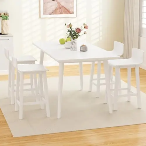 Solid Wood Bar Stools Set of 4, 24.5' Counter Height, Farmhouse White Kitchen Chairs