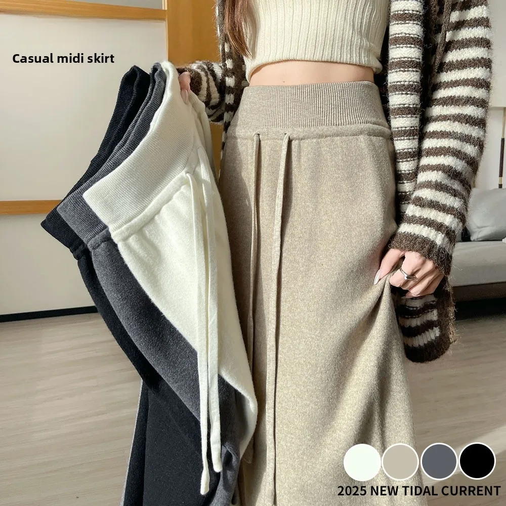 ارتفاع الخصر محبوك منتصف طول تنورة المرأة الخريف الشتاء Faion الكورية Sle f طول سترة سترة Dr #2