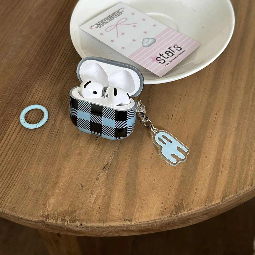 Retro Blue Black Grid Pattern Color Collision With Cute Little Chair Pendant Earphone Case Cover for AirPods 1 or 2 3 4  Pro 2