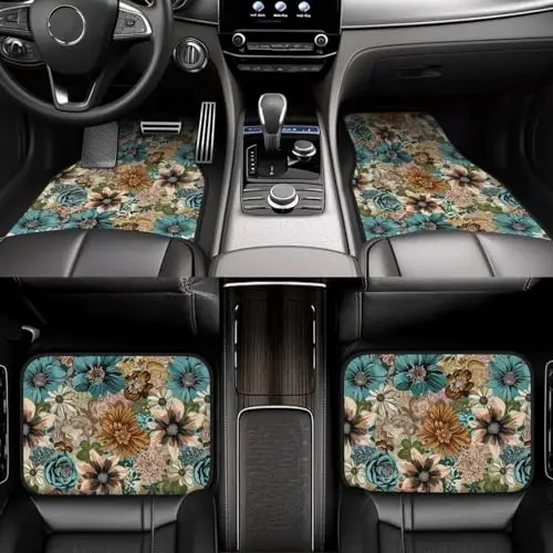 

Floral Bohemian Car Floor Mats 4-Piece Set Universal Non-Slip Front And Rear Auto Interior Mat With Teal Brown Mandala Pattern