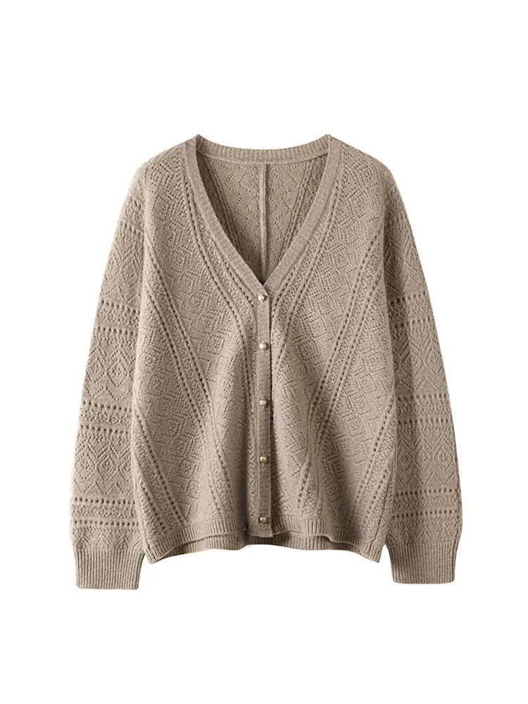 Cardigan 100% laine mérinos pour femme, pull à manches longues, col en v, veste tricotée, ample, doux, grande taille, manteau, automne-hiver