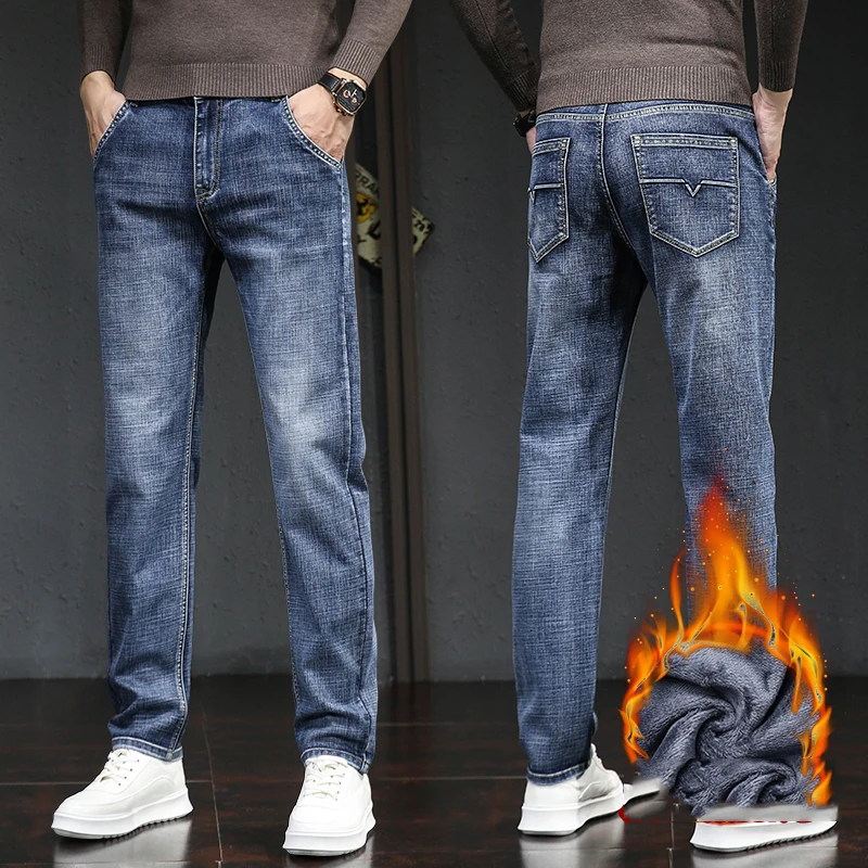 2024 Winter Fleece Thick Warm Jeans Men\'s Slim Business Straight Elastic Denim Pants Casual Male Clothing Fashion Plush Trousers