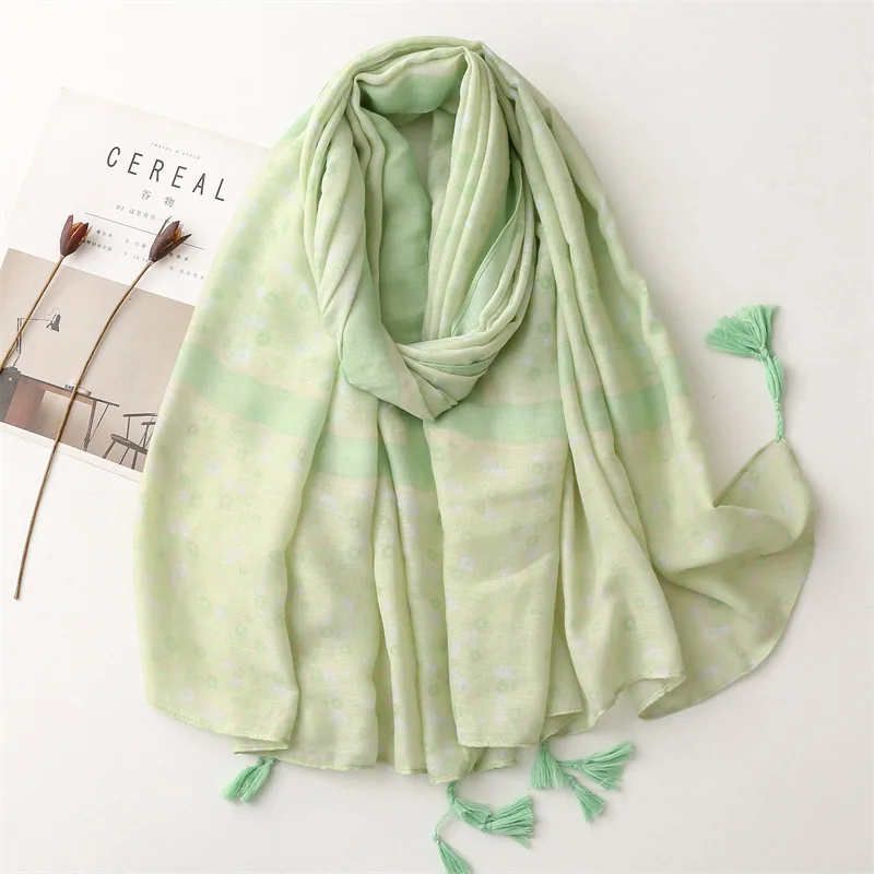 2023 Spring Women Cotton Small Flower Pattern Tassel Shawls Scarf Long Flower Print Soft Wrap Hijab 2 Color Free Shipping