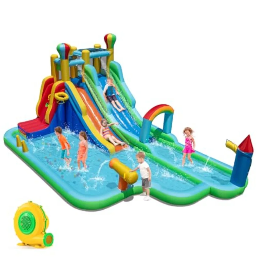 

Inflatable Water Slide with 950W Blower Jungle Long Slide Climbing Wall Basketball Rim Ramp Water Cannon Splash Pool Wet Dry Co