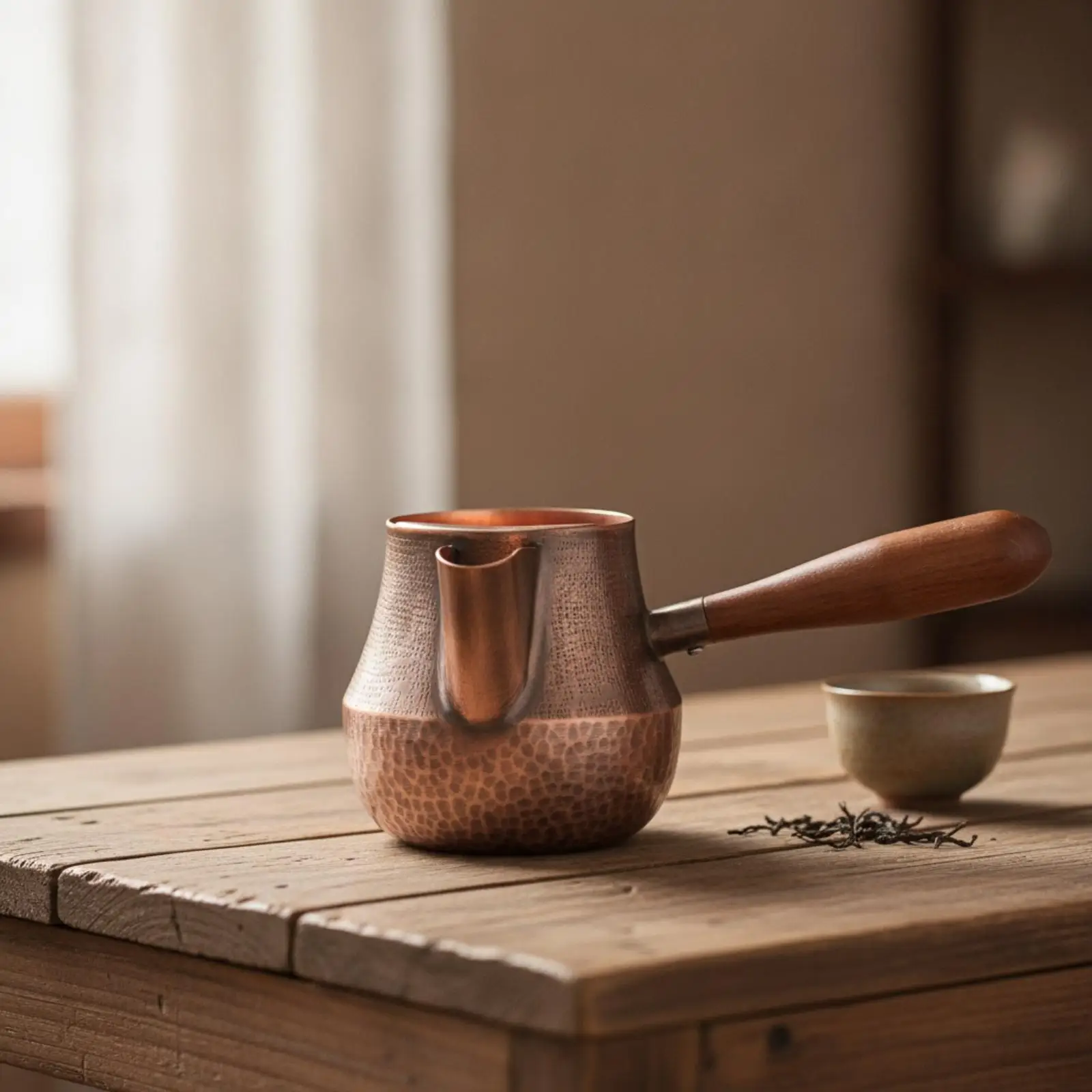 Rustic Hammered Copper Teapot with Wooden Handle for Even Tea Strength Pour