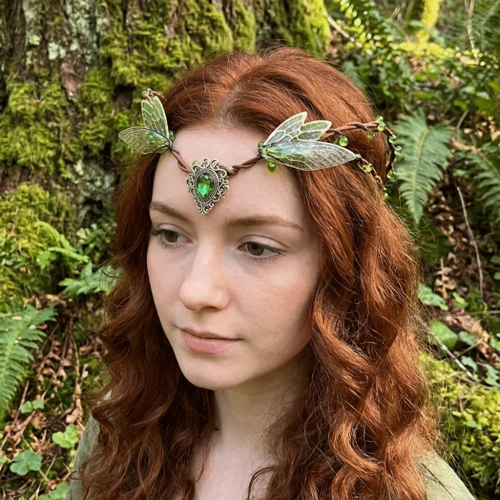 Couronne de fleurs artificielles elfiques, diadème de fée fantaisie orné de strass, couronne florale simulée avec feuilles d'arbre