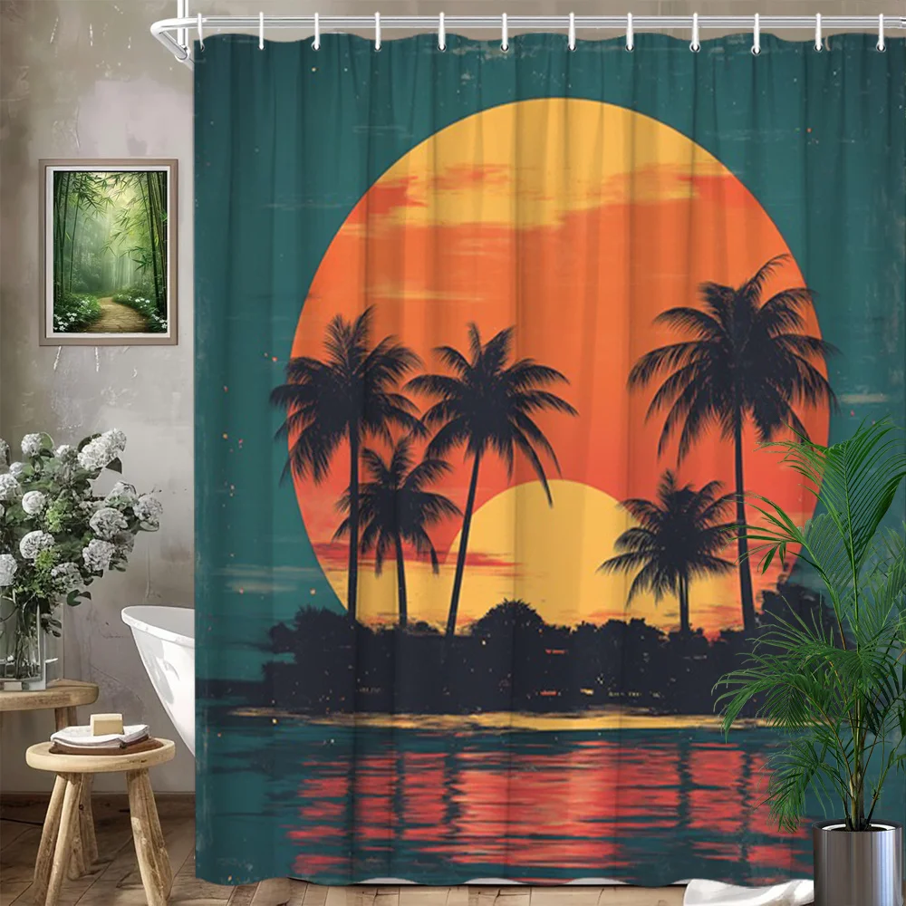 

1 шт. занавеска для душа с силуэтом тропического заката - винтажный стиль, оранжевые пальмы и дизайн бирюзового неба, машинная стирка, полиэстер Ба