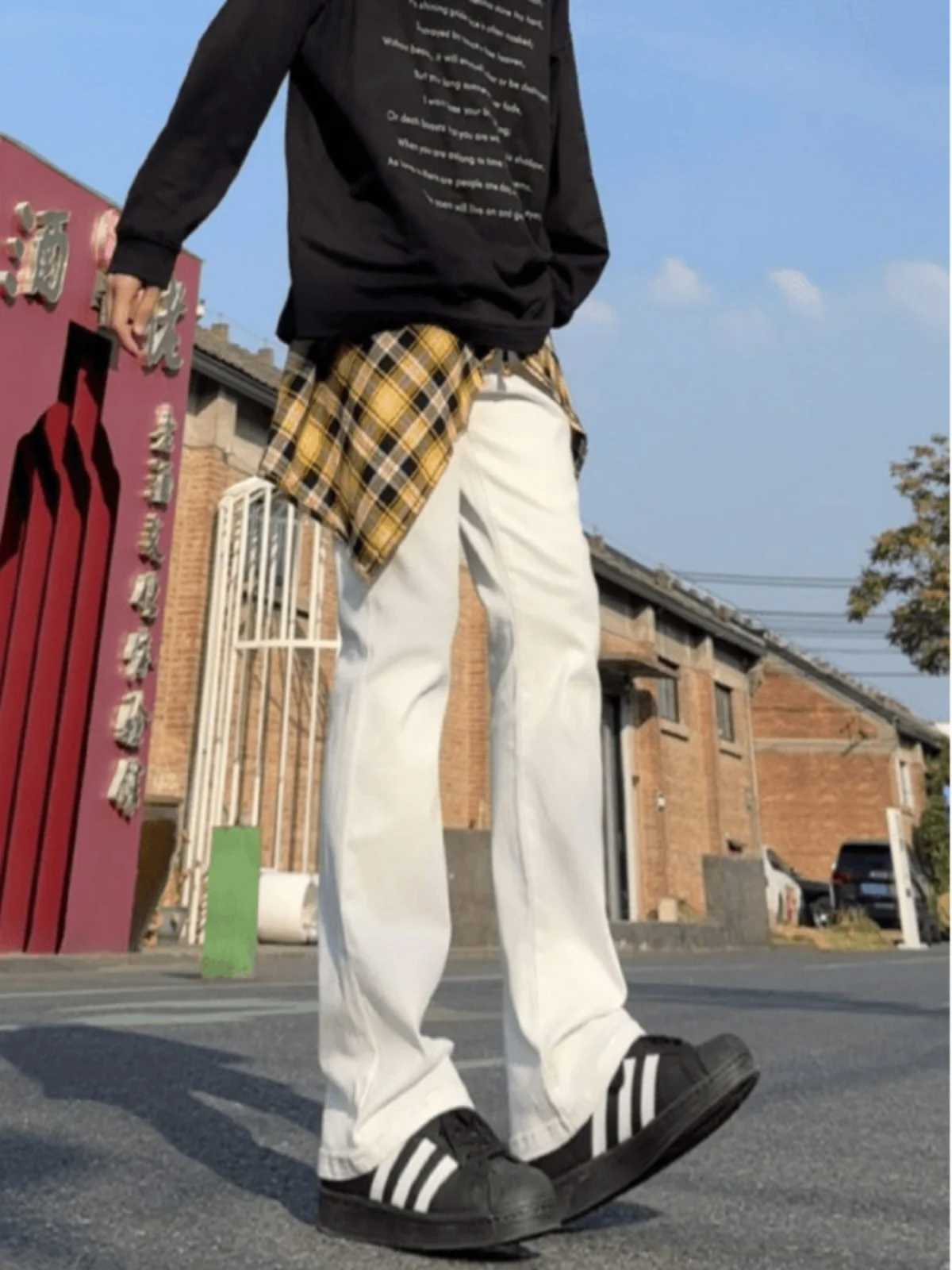 

White Slim Straight Jeans Men's High Street Sle American Vibe High Waist Long Pants Cotton 00% Wear Resistant High Elastic