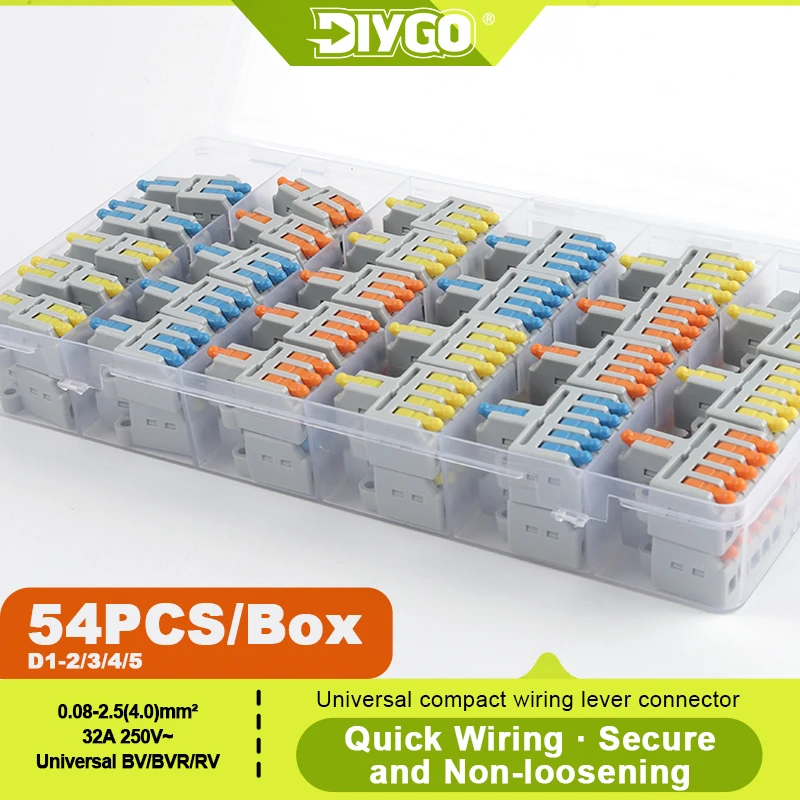DIY GO 54Pcs Quick Compact Splicing Connectors Wire Connectors Kit 1 in 2/3/4/5 Out Circuit Inline Splices Terminal 28-12 AWG