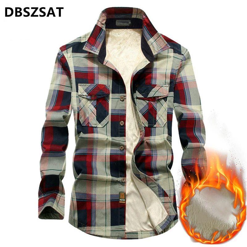 

Autumn Winter Thick Shirt Men Long Sleeve Warm Fleece Plaid Mens Shirts Windbreaker Causal Cotton Chemise Homme Plus Size M-4XL